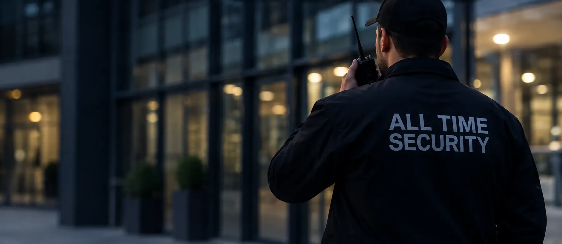 Sicherheitsmitarbeiter der All Time Security vor einem Bürogebäude in Berlin